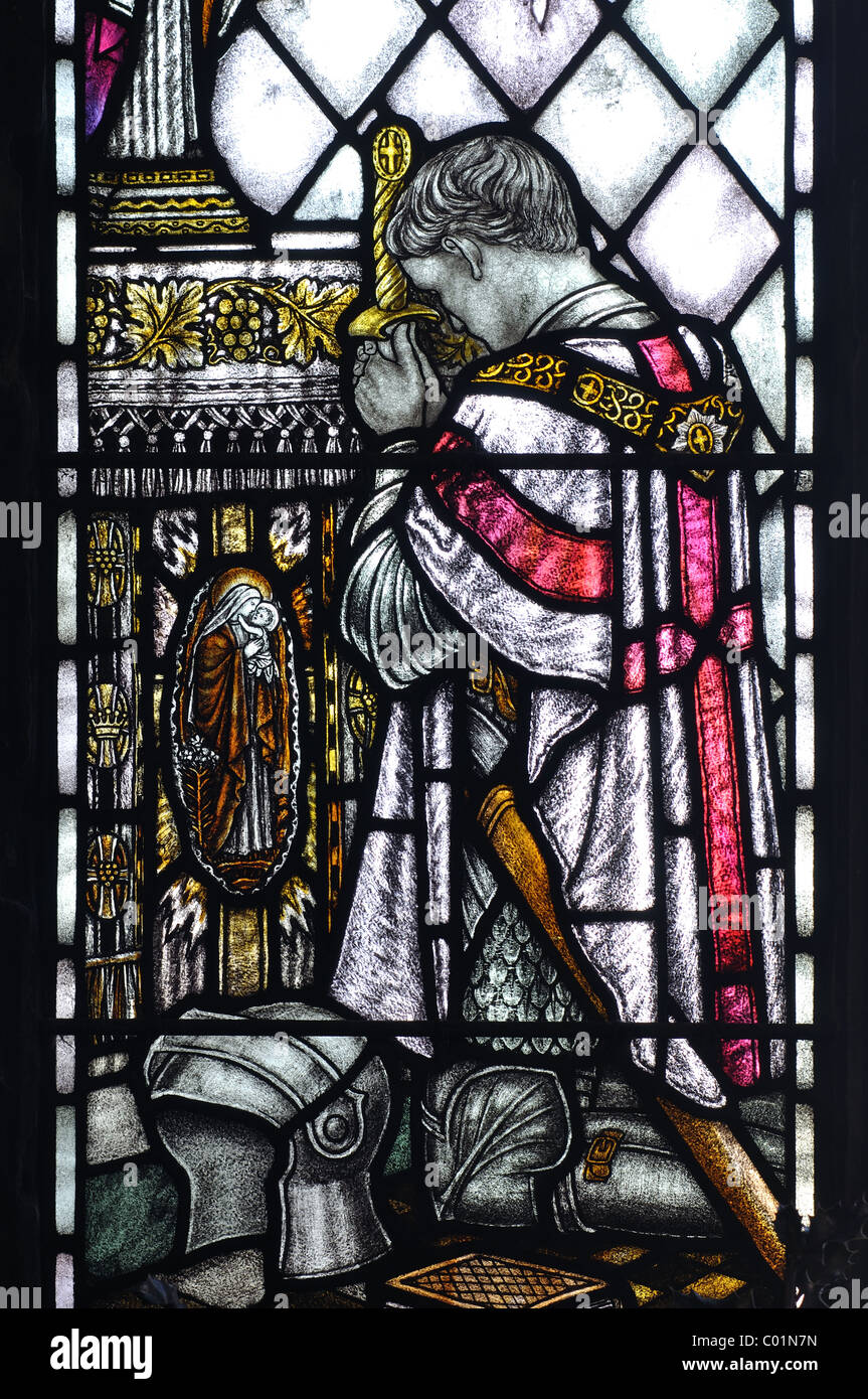 Memorial window in St. Andrew`s Church, Great Staughton, Cambridgeshire, England, UK Stock Photo